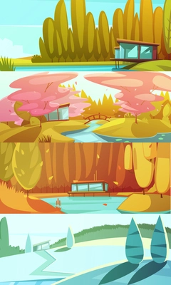 Countryside landscapes seasons 4 horizontal banners set with winter summer autumn and spring retro isolated vector illustration