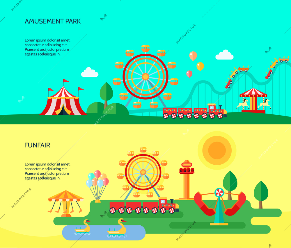 Amusement funfair park park attractions 2 flat horizontal banners with traveling circus tent abstract isolated vector illustration