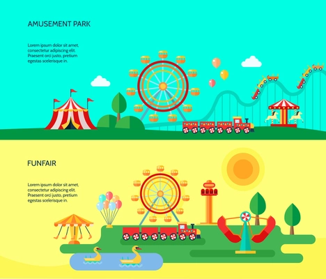 Amusement funfair park park attractions 2 flat horizontal banners with traveling circus tent abstract isolated vector illustration