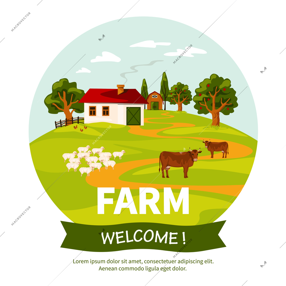 Beautiful farm landscape poster with farmhouse sheep and cows on green grass flat vector illustration