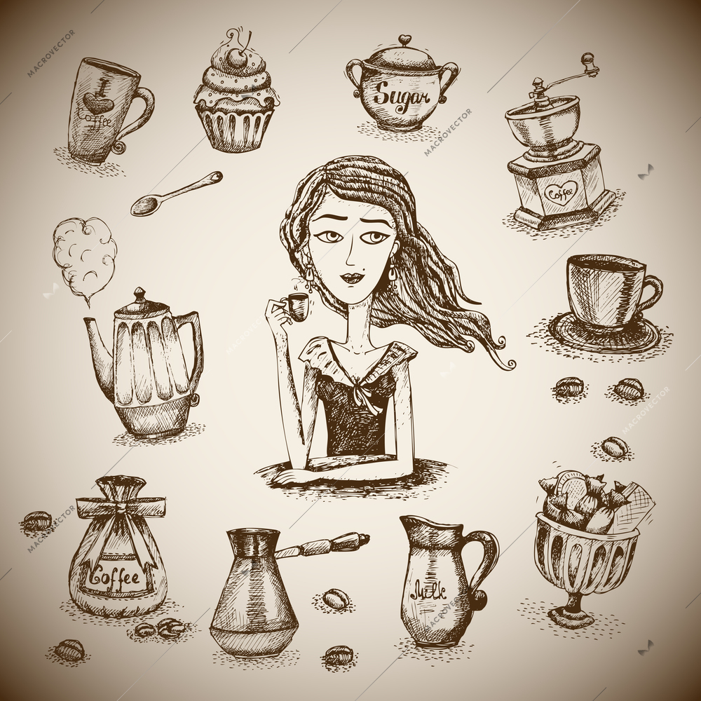 The love of coffee scene with the girl vector illustration