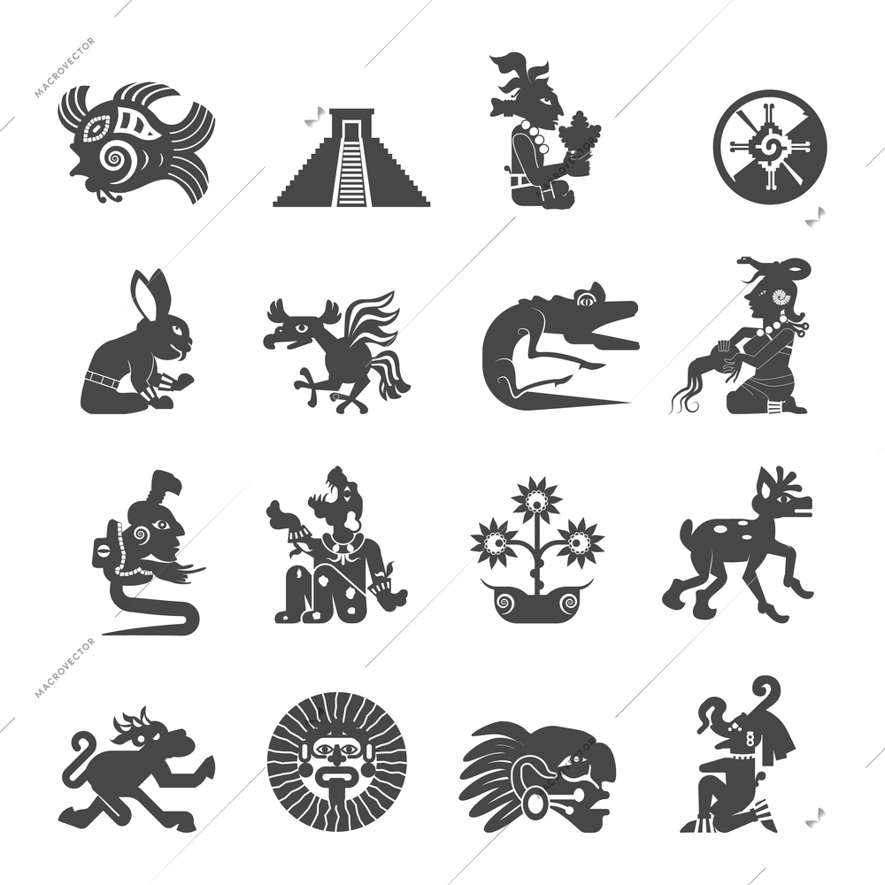 Maya  writing ancient script black icons collection with astrological signs and sacred symbols abstract isolated vector illustration