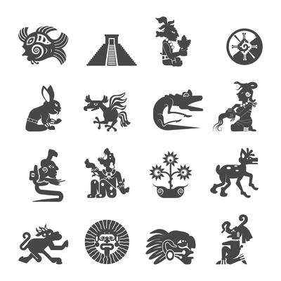 Maya  writing ancient script black icons collection with astrological signs and sacred symbols abstract isolated vector illustration