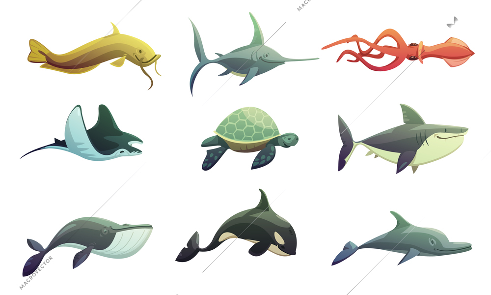 Ocean underwater animals cartoon retro characters set with stingray shark turtle swordfish and squid fish isolated vector illustration