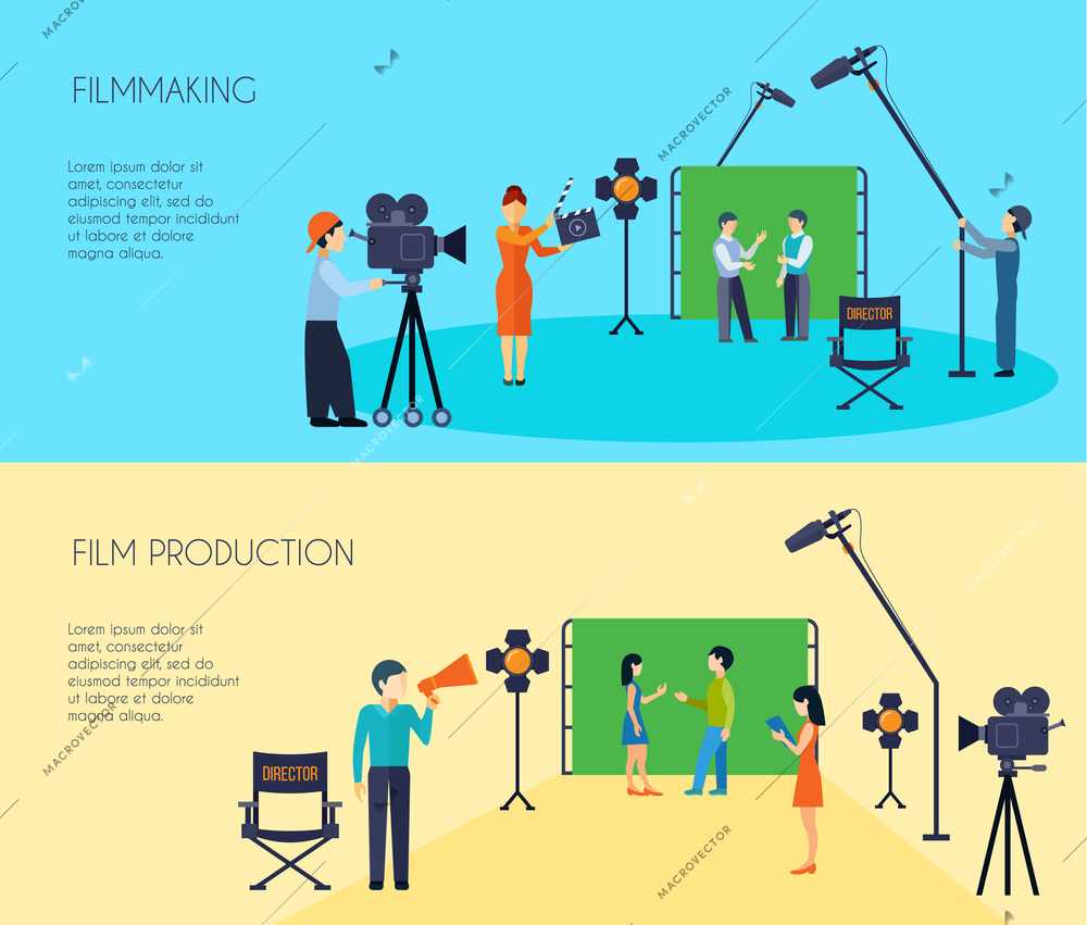 Filmmaking movie scene shooting 2 flat horizontal banners set with director cameraman and assistant isolated vector illustration