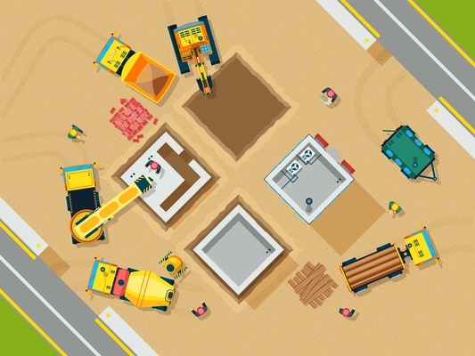 Construction and building top view with tools and machines flat vector illustration