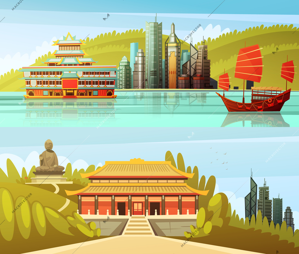 Hong kong horizontal banners with colorful pictures of modern skyscrapers and traditional architectural and cultural elements flat vector illustration