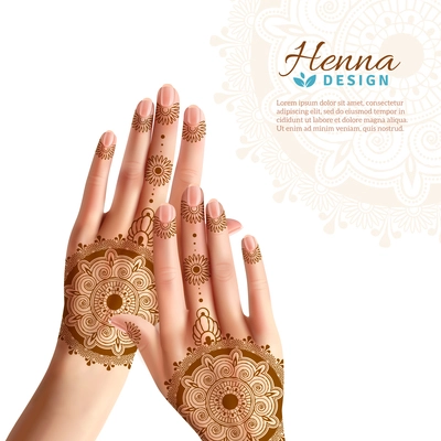 Women hands coloring with indian henna paste or mehndi design of tattoos realistic advertisement poster vector illustration