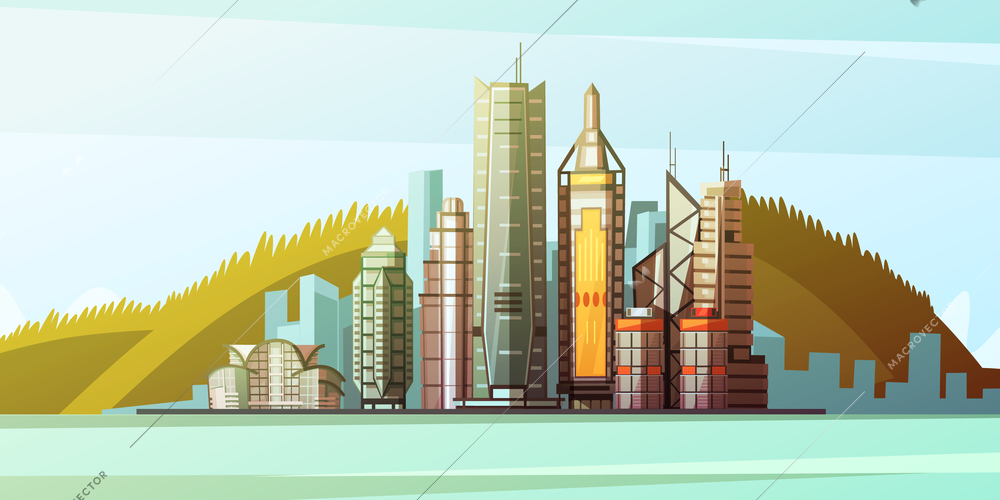View from sea to panorama of Hong Kong center with skylines and bridge background flat vector illustration