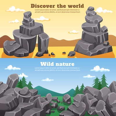 Rocks and stones horizontal banners with colorful wild nature cartoon landscapes flat vector illustration