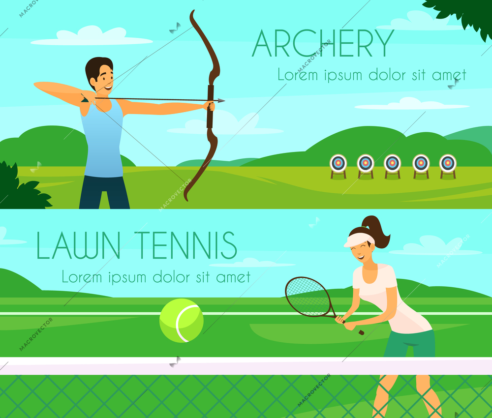 Sport people colorful horizontal banners with young girl playing tennis and archer shooting at targets flat vector illustration