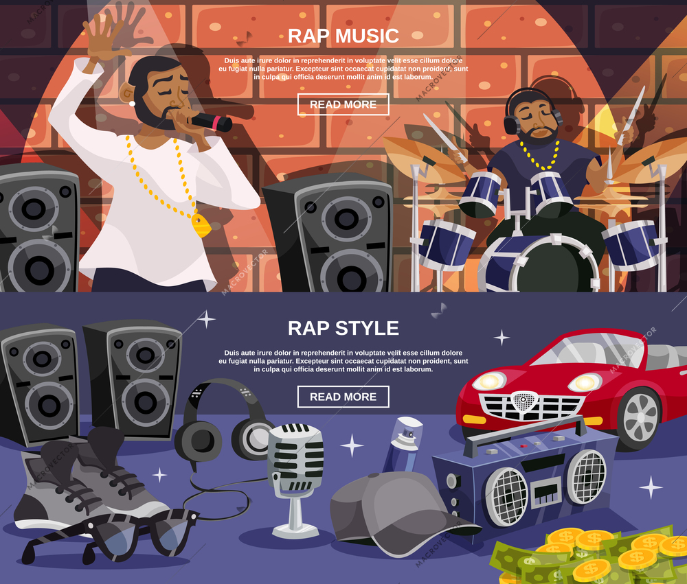 Rap music and hip-hop style horizontal banner set isolated vector illustration