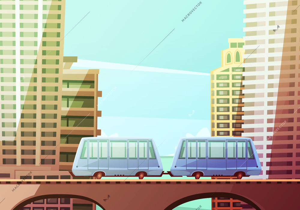 Miami downtown cartoon composition with two wagons of suspended monorail on front and skyline background flat vector illustration