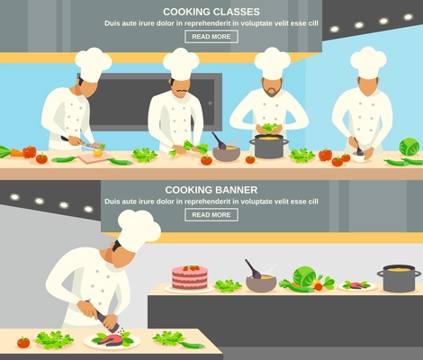 Cook profession horizontal banners set with cooking classes symbols flat isolated vector illustration