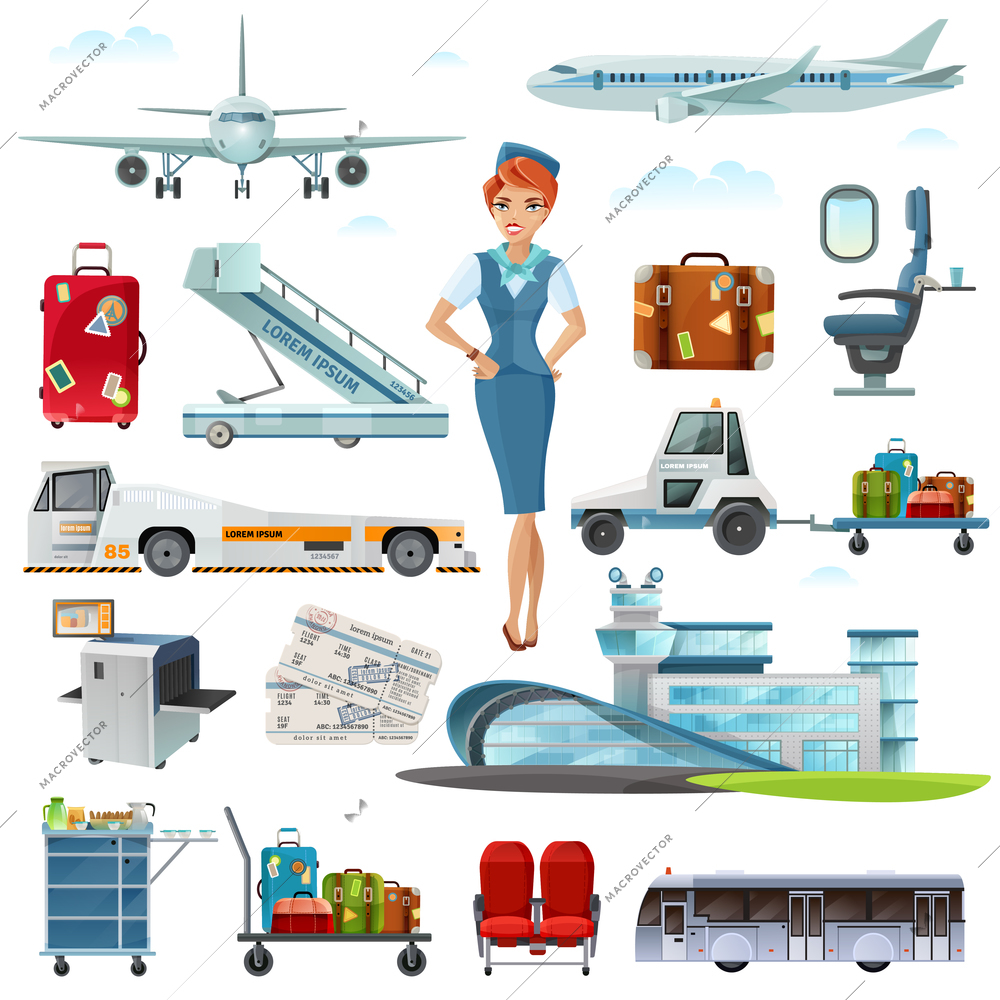Airport flight attributes and accessories flat icons set with stewardess luggage airline tickets  abstract isolated vector illustrations