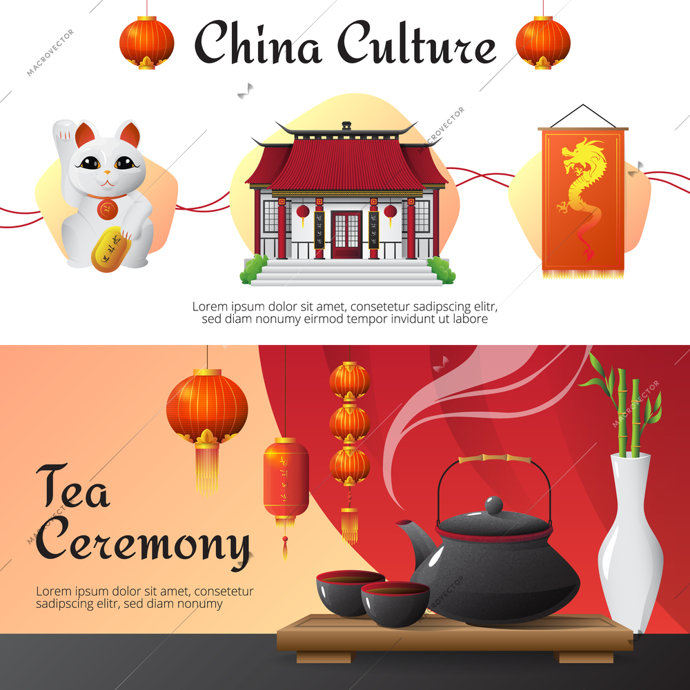 Chinese culture and traditions 2 horizontal banners set with tea ceremony and fortune cat isolated vector illusttration