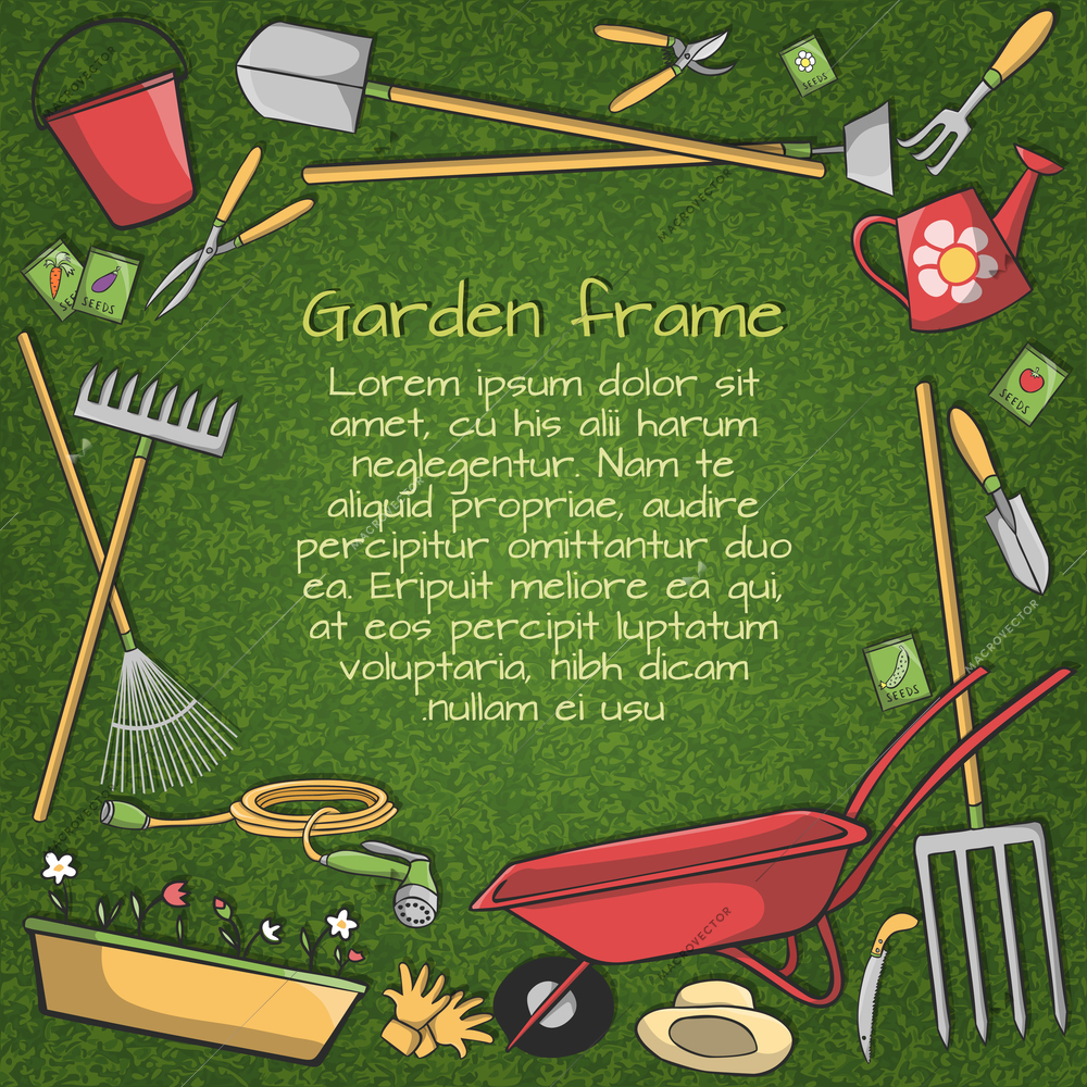 Decorative frame of garden accessories instruments and tools on green background vector illustration