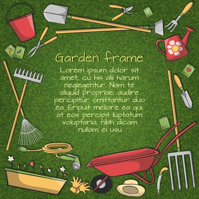 Decorative frame of garden accessories instruments and tools on green background vector illustration