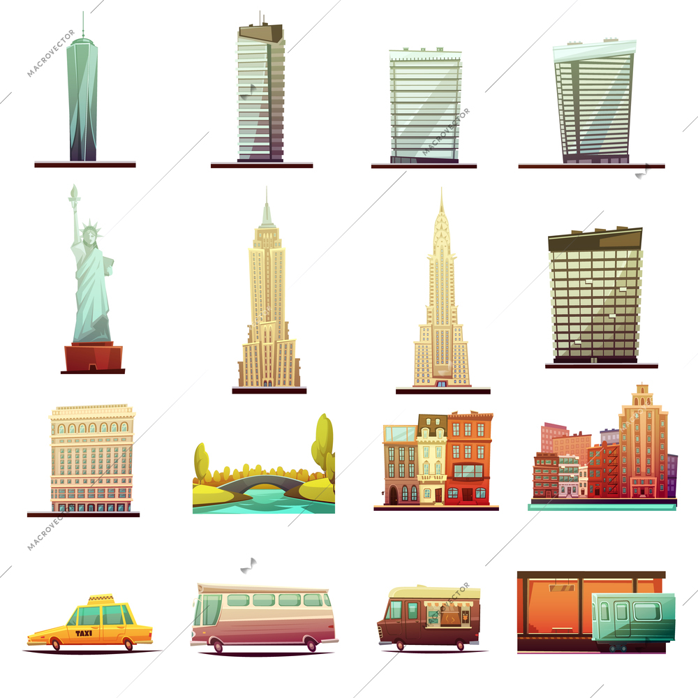 New york city buildings landmarks tourists attractions and transportation elements retro cartoon icons collection isolated vector illustration