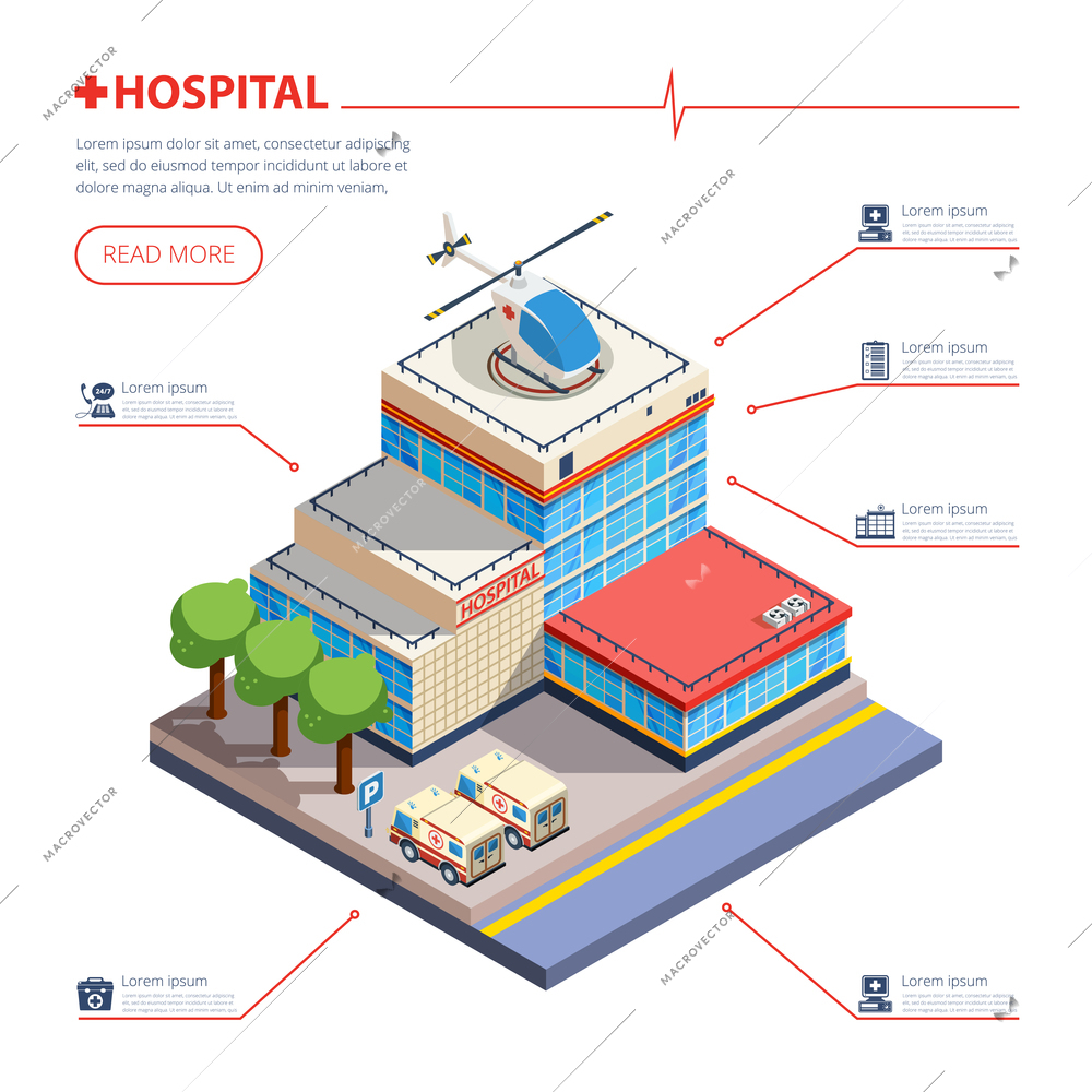 Hospital building with entrance parking ambulance and helicopter isometric vector illustration