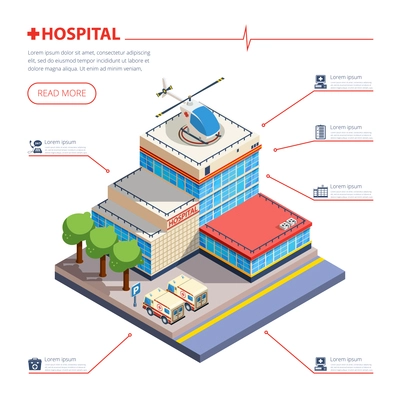 Hospital building with entrance parking ambulance and helicopter isometric vector illustration