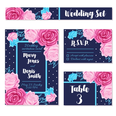 Set of different variants of wedding invitation template cards decorated with bouquets of roses flat vector illustration