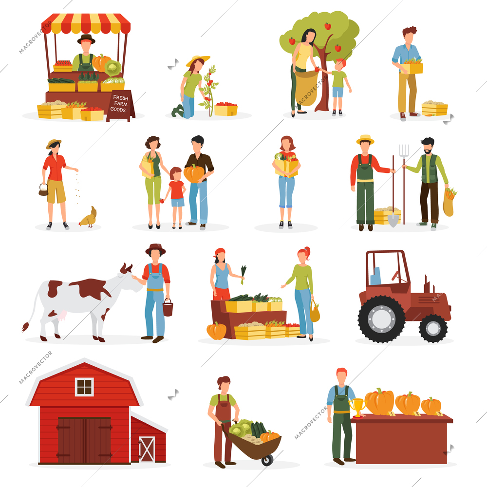 Autumn harvest time on farm flat icons collection with tractor cow and orchard abstract isolated vector illustration