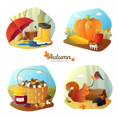 Autumn season 4 icons square poster with countryside harvest and forest hiking accessories cartoon isolated vector illustration