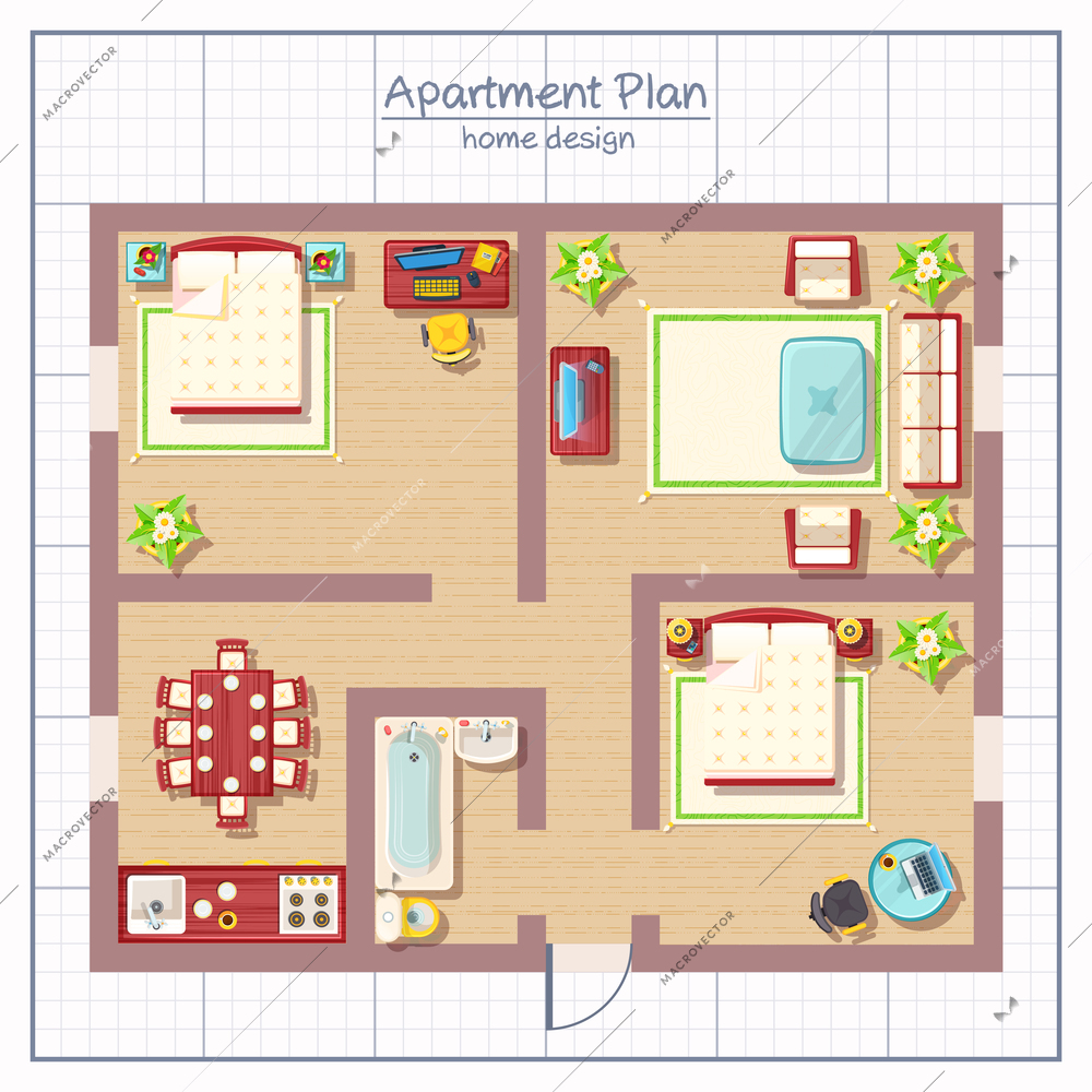 Home design top view with living room bedroom and bathroom flat vector illustration