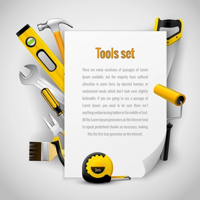 Realistic carpenter tools background frame with hammer saw pliers wrench screwdriver and measuring tape vector illustration