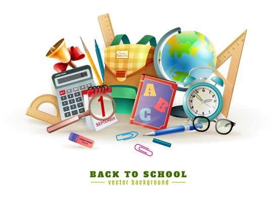 Back to school background poster for with office stationary supply items alarm clock and classroom accessories vector illustration