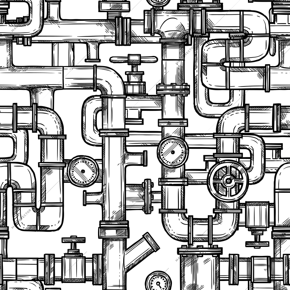 Sketch monochrome seamless pattern with pipes system doodle vector illustration