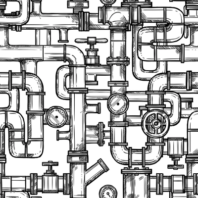 Sketch monochrome seamless pattern with pipes system doodle vector illustration