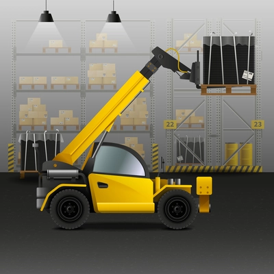 Warehouse and logistics composition with forklift and cargo symbols realistic vector illustration