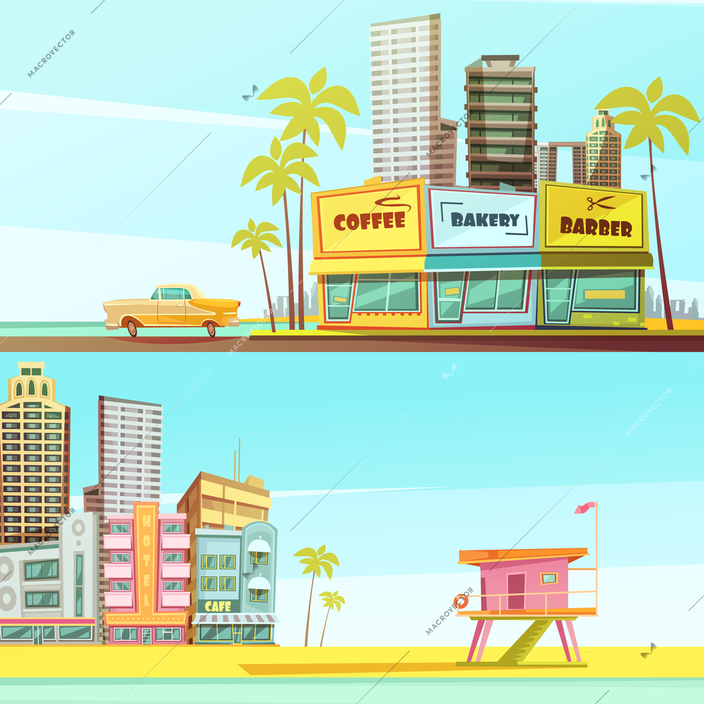 Miami beach horizontal banners in cartoon style with sea shore barber bakery cafe lifeguard cabin flat vector illustration