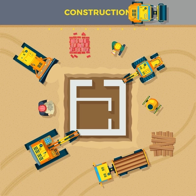 Construction process top view with plan and machines flat vector illustration