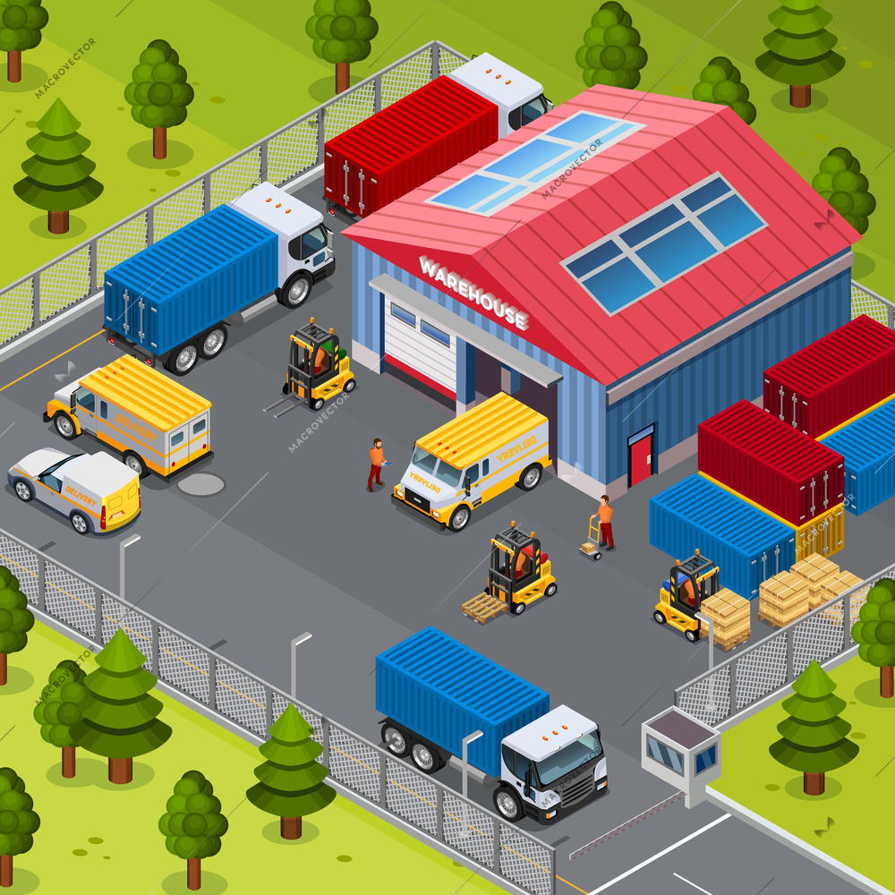 Warehouse building outside with delivery transport and workers vector illustration