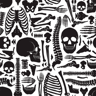 Monochrome human skeleton seamless pattern with big skulls and various single bones flat vector illustration