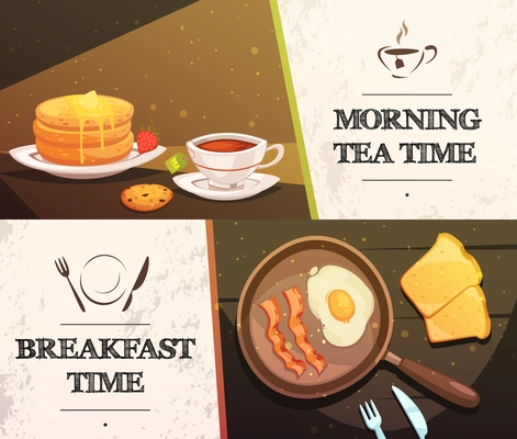 Breakfast time and morning tea two flat horizontal banners with cap of tea cake toast and pan with fried eggs vector illustration