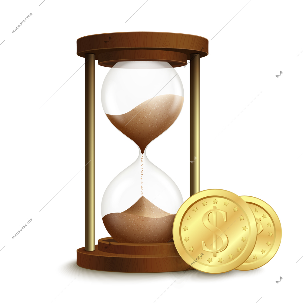 Realistic 3d hourglass sand clock with dollar coins money emblem isolated vector illustration