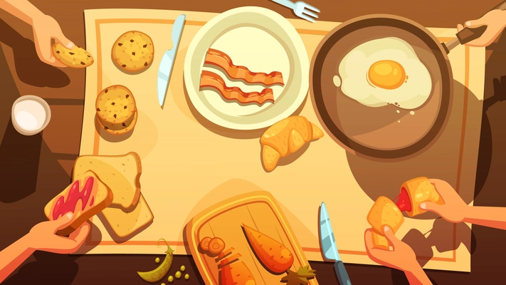 Breakfast table top view in country style with fried eggs in pan plate with bacon peaces and hands holding cakes and croissants flat vector illustration