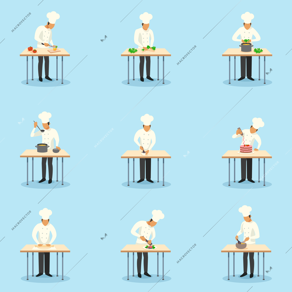 Cook profession icons set on blue background flat isolated vector illustration