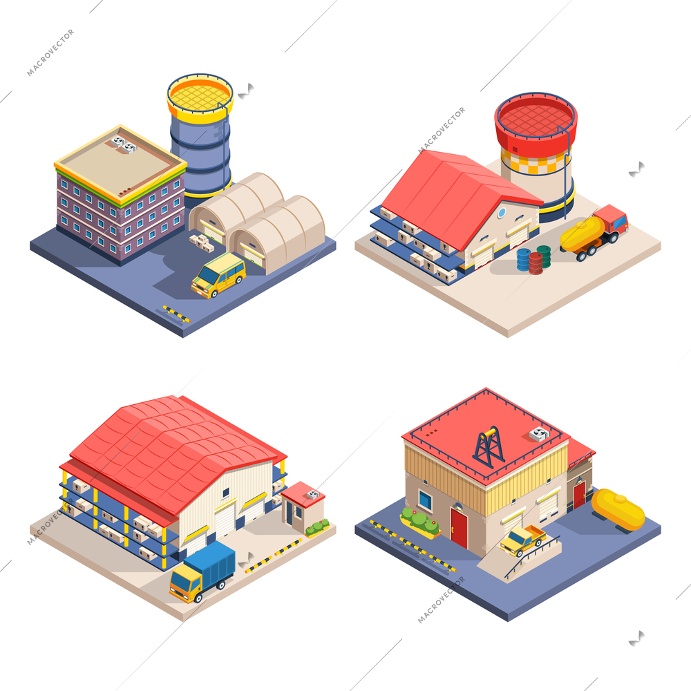 Warehouse buildings of different size with freight transport isometric icons set on white background isolated vector illustration