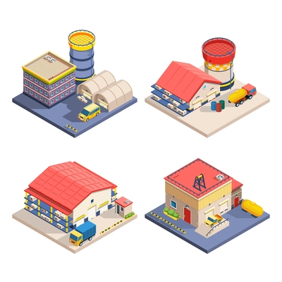 Warehouse buildings of different size with freight transport isometric icons set on white background isolated vector illustration