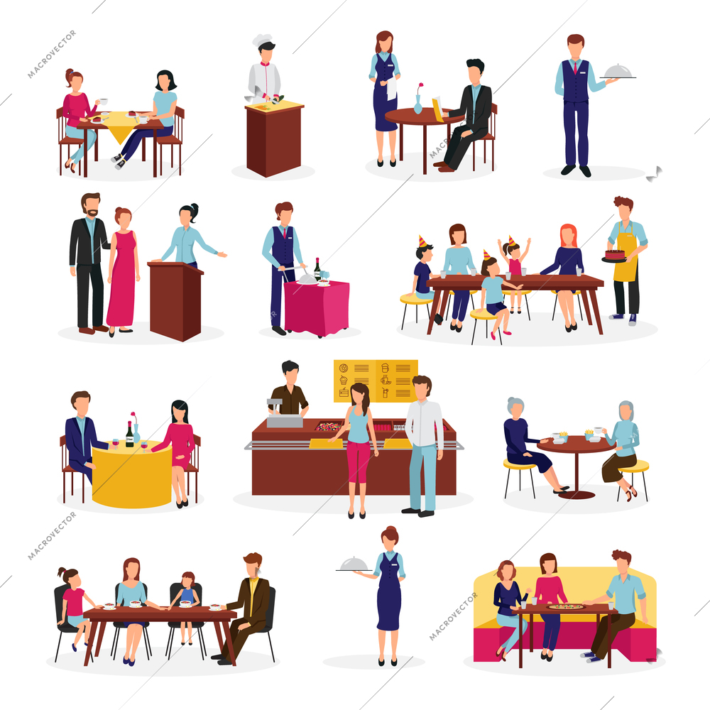 People in restaurant flat icons set on special occasions family dinner with friends abstract isolated vector illustration