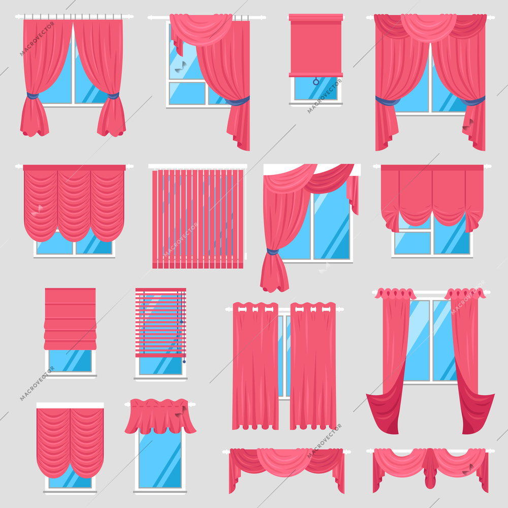 Red curtains set of vintage textile models with lambrequin and modern jalousie and roman blind isolated vector illustration