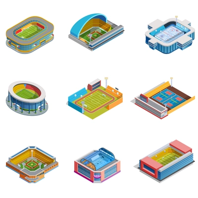 Isometric images set of different sport stadiums for football basketball baseball hockey and other isolated vector illustration