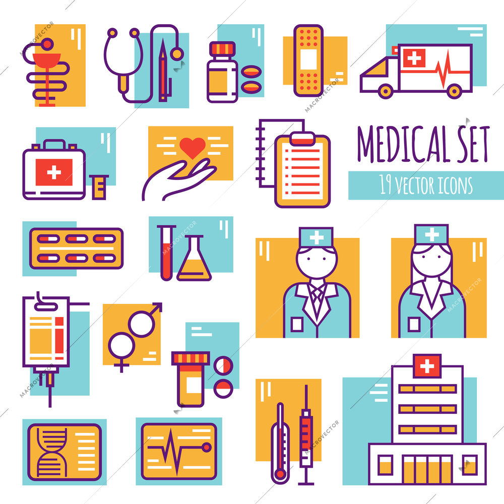 Medical decorative line icons set with hospital building emergency car pills insurance lab tools flat vector illustration