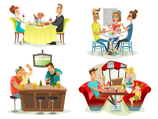 Restaurant cafe bar 4 colorful pictures square with football fans family diner and dating couple abstract vector illustration