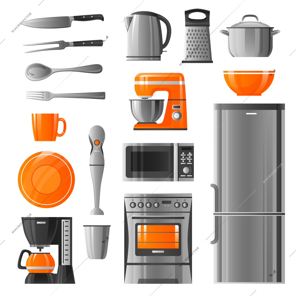 Appliances flat icons set in realistic style with microwave refrigerator stove  kettle mixer blender coffee machine  and kitchen utensil isolated vector illustration